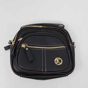 Black Crossbody Bag Gold Tone Zippers Multi Pocket Small Shoulder Purse
